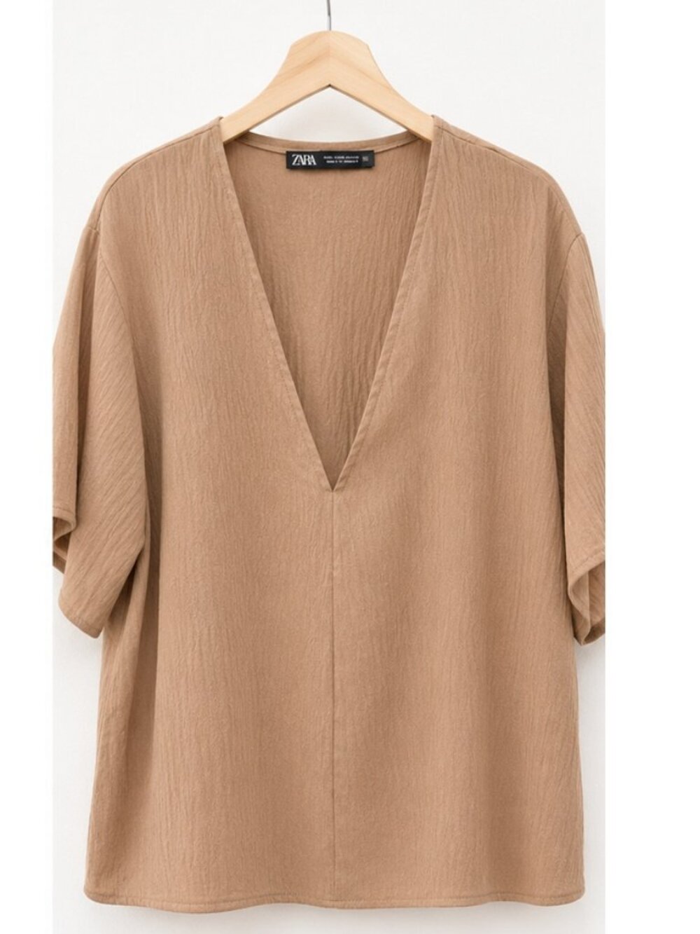 ZARA Satin Textured V Neck Blouse Tan Beige Neutral Minimalist Top Size M